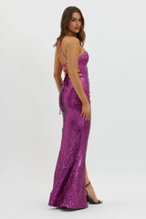 Starry Eyes Lace-Up Back Sequin Maxi Dress Magenta