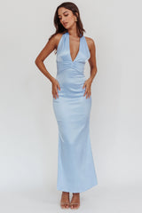 Italia Azure Pleat Bodice Halterneck Maxi Dress Light Blue