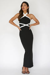 Eleganza Halterneck Contrast Maxi Dress Black
