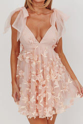 Chantilly Tied Shoulder Mini Dress Floral Embellished Pink