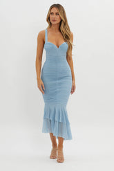 Surreal Lace-Up Back Ruched Midi Dress Blue