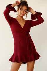 Shalini Flared Cuff Surplice Neckline Knit Dress Wine