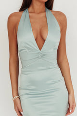 Italia Azure Pleat Bodice Halterneck Maxi Dress Sage