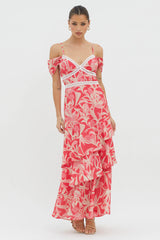 Seina Off-Shoulder Crochet Trim Dress Print Red