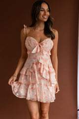 Flower Child Bust Tie Ruffle Trim Dress Floral Peach