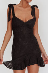 Emine Bow Shoulder Lace Mini Dress Black