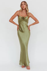 High Roller Cowl Back Rosette Maxi Dress Olive