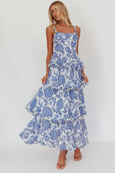 Provence Bloom Tiered Maxi Dress Floral Blue