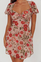 Dillon Twist Bust Mini Dress Floral Beige