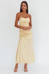 Molinda Strapless Ruched Drawstring Maxi Dress Golden