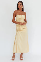 Molinda Strapless Ruched Drawstring Maxi Dress Golden