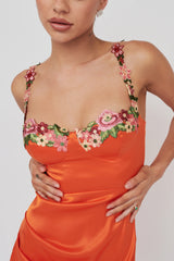 Rose Garden Floral Applique Pleat Mini Dress Orange
