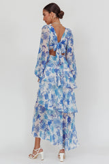 Veda Long Sleeve Floral Tiered Ruffle Maxi Dress Blue