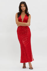 Glitter Nights Plunging Neckline Sequin Dress Red