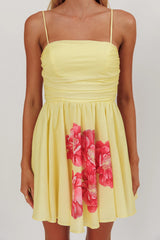 Festivity Flared Bow Floral Mini Dress Yellow