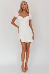 Heaven Sent Ruched Bust Puff Sleeve Dress White