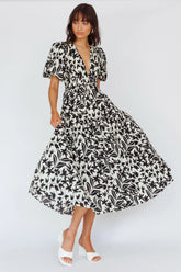 Summer Land V-Neckline Midi Dress Floral Beige