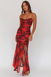 Stole The Show Ruched Mesh Maxi Dress Floral Red