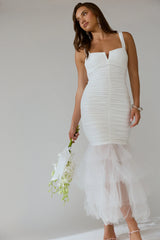 Nadia Tulle Hem Ruched Maxi Dress White