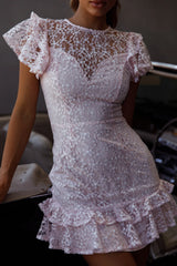 Lark Crew Neck Ruffle Sleeve Dress Lace Overlay Pink