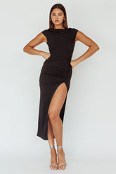 Lucinda Cap Sleeve Ruched Midi Dress Black