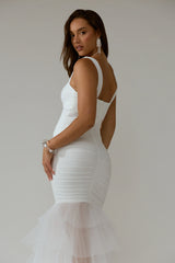Nadia Tulle Hem Ruched Maxi Dress White