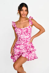 Moonlit Moment Ruffle Trim Lace-Up Back Dress Floral Pink