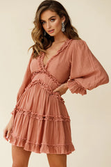 Laney Cutout Back Balloon Sleeve Dress Rose
