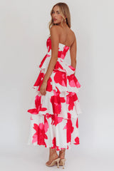 Giavana Strapless Layered Midi Dress Floral Red