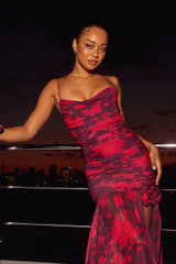 Stole The Show Ruched Mesh Maxi Dress Floral Red