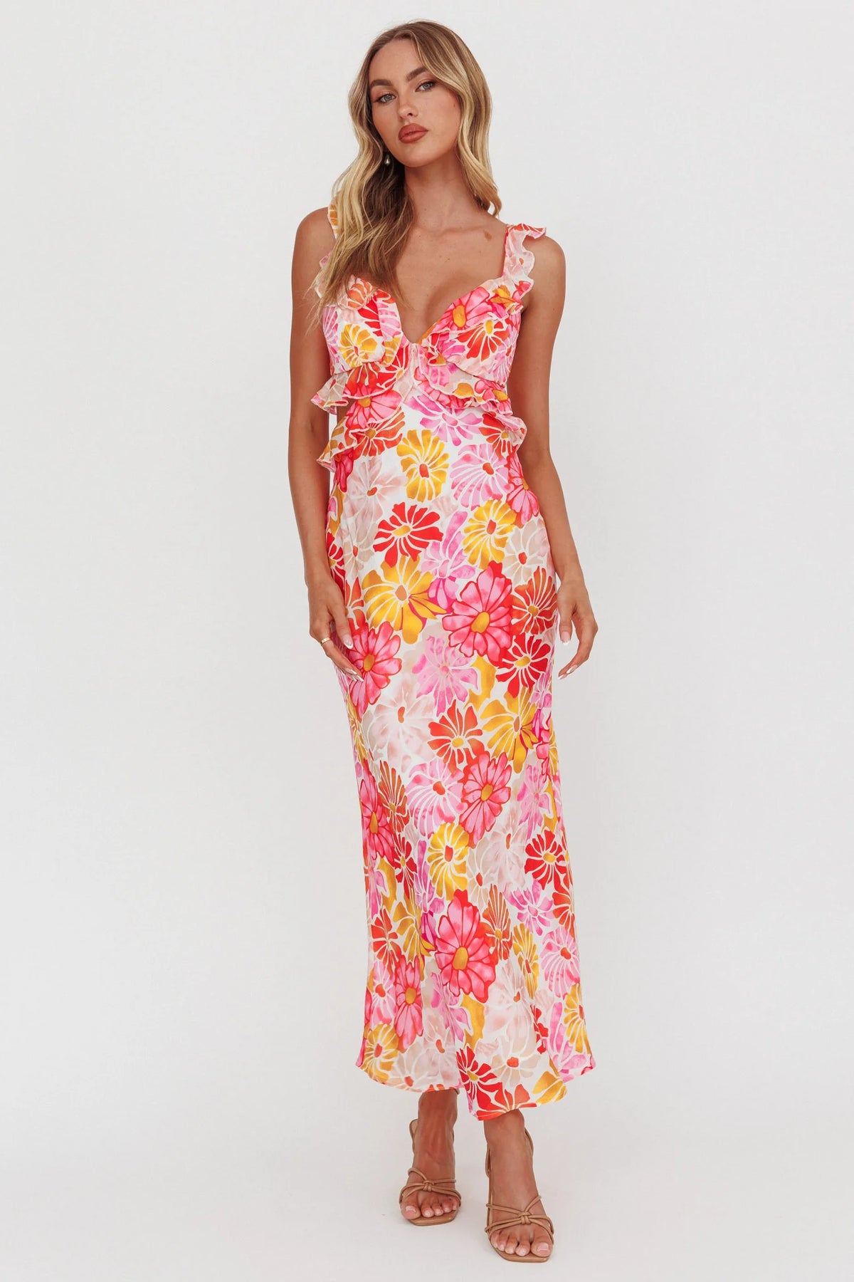 Second Chances Ruffle Trim Maxi Dress Flower Pink