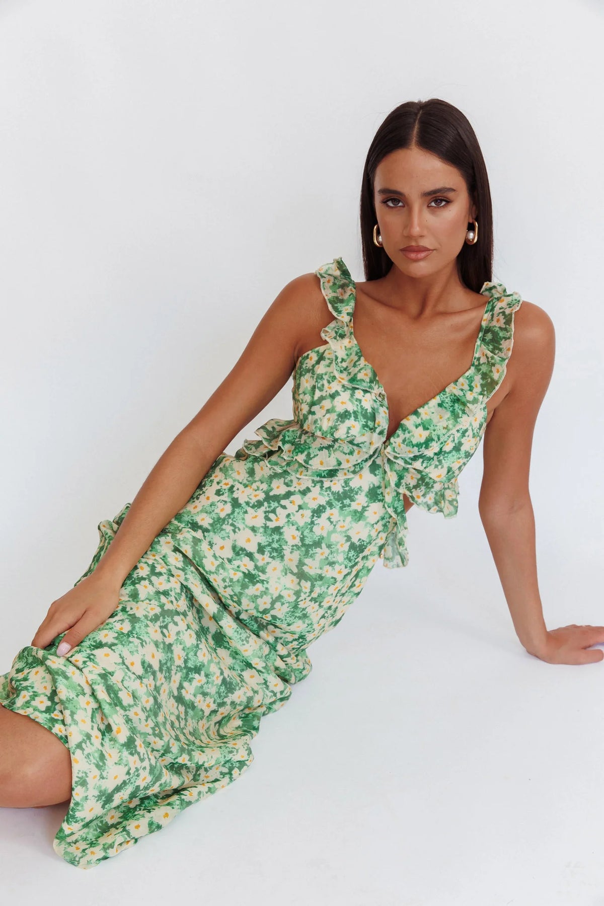 Second Chances Ruffle Trim Maxi Dress Flowers Green