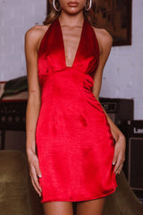 Falling Star Plunging Halterneck Mini Dress Red