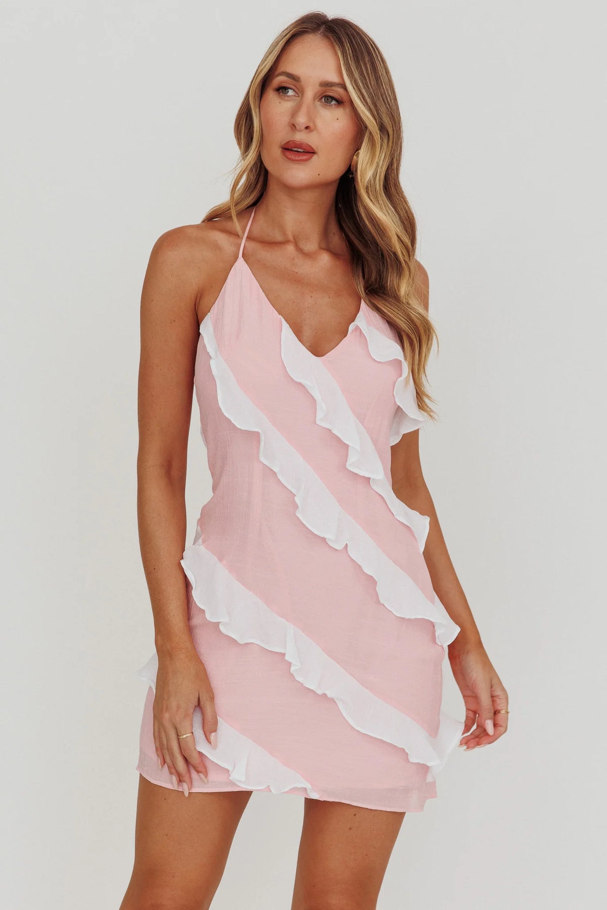 Arrabel Halterneck Contrast Ruffle Mini Dress Pink