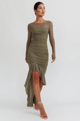 Jozelle Long Sleeve Ruched Maxi Dress Olive