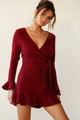 Shalini Flared Cuff Surplice Neckline Knit Dress Wine