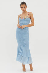 Rose Garden Ruched Mesh Midi Dress Blue