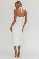 Remember This Halterneck Gathered Pleat Side Knee Length Dress White