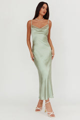 Gentle Touch Cowl Neck Satin Maxi Dress Sage