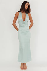 Italia Azure Pleat Bodice Halterneck Maxi Dress Sage