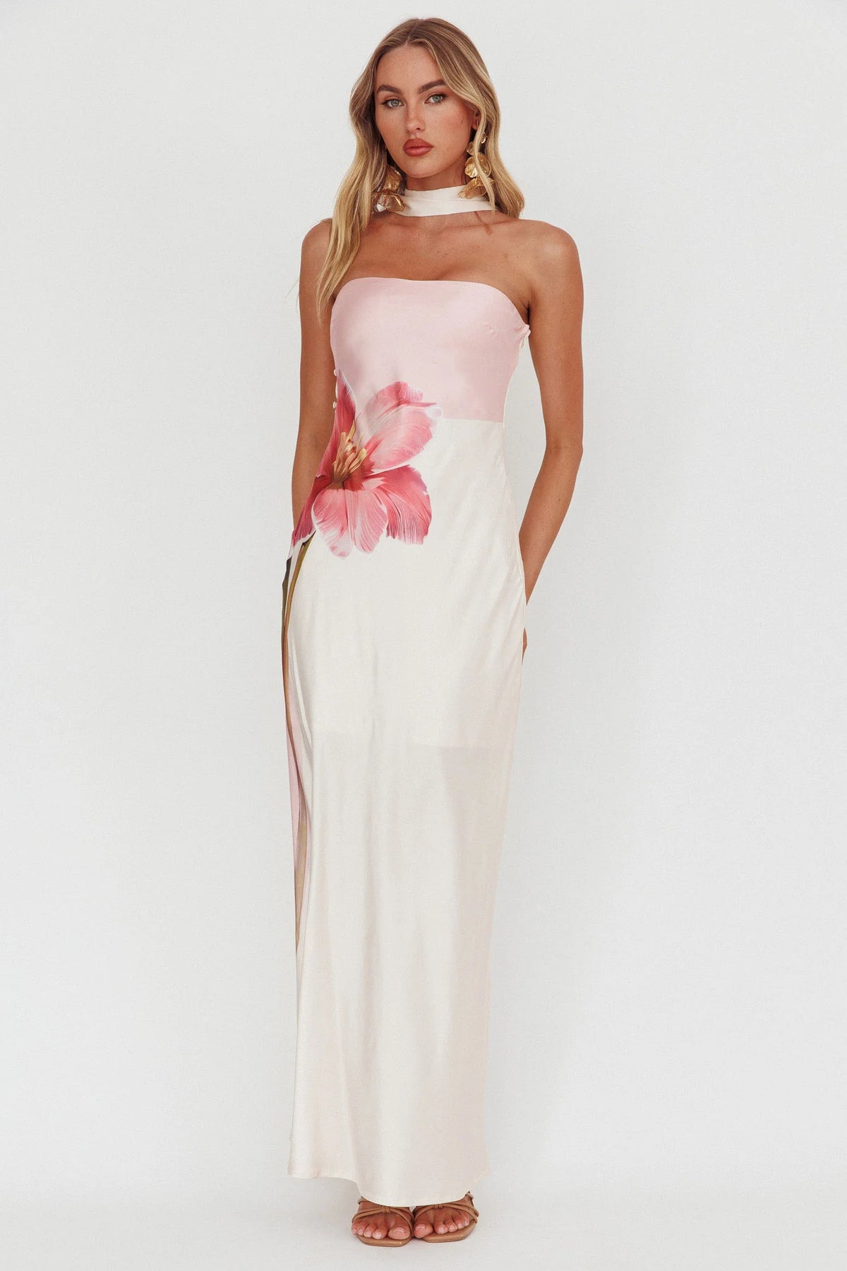 Damsel Reverse Halter Maxi Dress Flower Pink