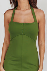 Goldfoil Halter Neck Maxi Dress Olive