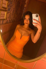 Good Vibes Deep V-Neckline Ruched Mini Dress Peach