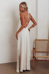 Gracie Halter Tied Back Maxi Dress Oatmeal