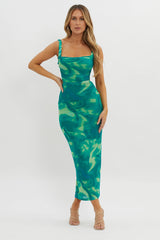 Dream Crush Lace-Up Back Side Split Maxi Dress Swirl Green