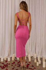 Dream Crush Lace-Up Back Side Split Midi Dress Hot Pink
