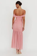 La Salle Off Shoulder Mesh Maxi Dress Pink