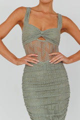 Oliana Embroidered Mesh Midi Dress Fern