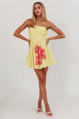 Festivity Flared Bow Floral Mini Dress Yellow