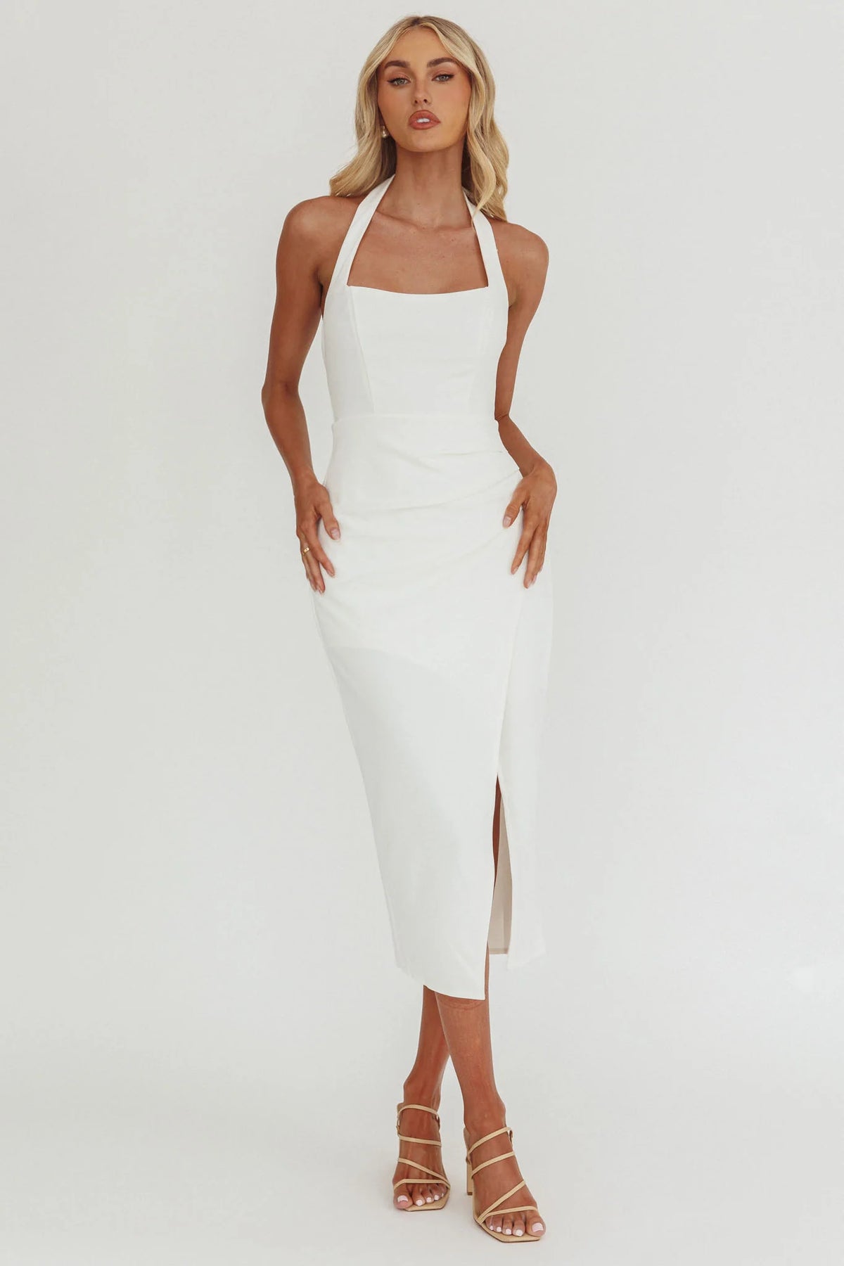 Remember This Halterneck Gathered Pleat Side Knee Length Dress White